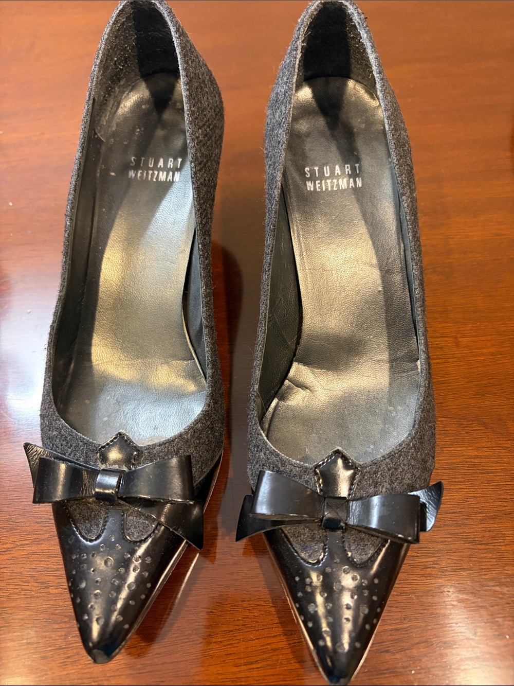 Stuart Weitzman Gray Felt Pumps with Black Patent Toe Bows